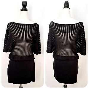 Trina Turk Black Sweater Knit Dress Mini Pima Cotton Mesh Dolman Sleeve LBD M